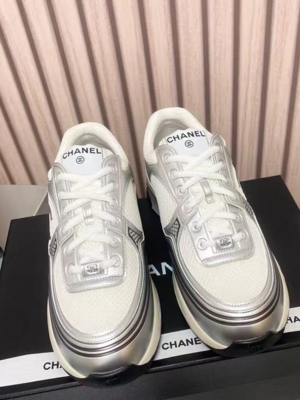 🍡🍡Chanel silver and white color-blocked double C platform casual sneakers🍦🍦